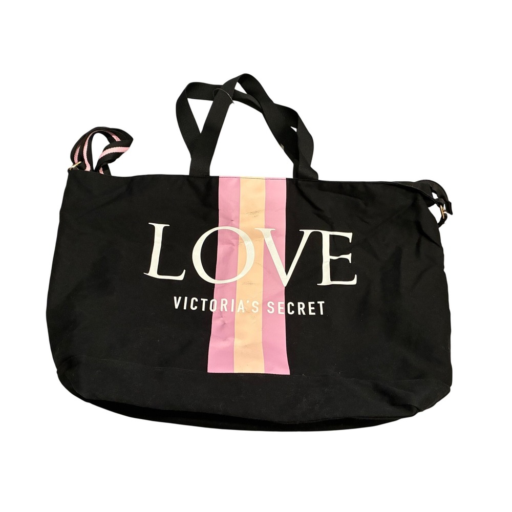Victoria's Secret LOVE Black Canvas Tote Bag Pink Stripe Oversized Travel Gym